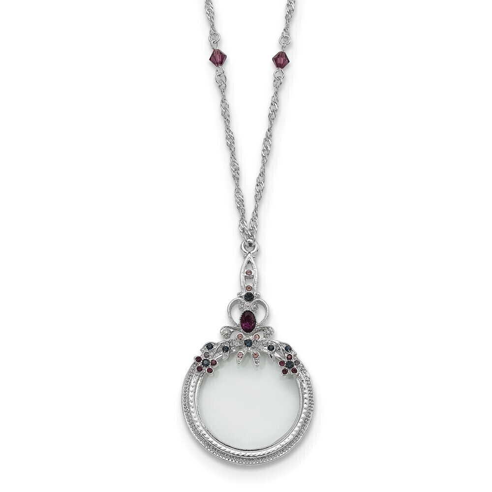 1928 Pewter-tone Blue and Purple Crystal 2X Magnifying Glass 30"Vintage Necklace